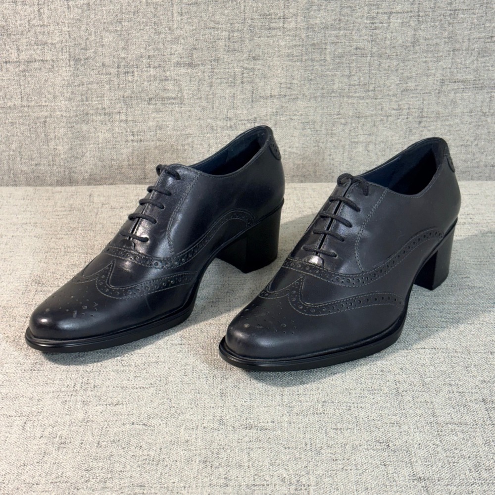 Stonefly Black Leather Wingtip Brogue Heeled Oxfords Shoe EU 36 US 5.5 Block